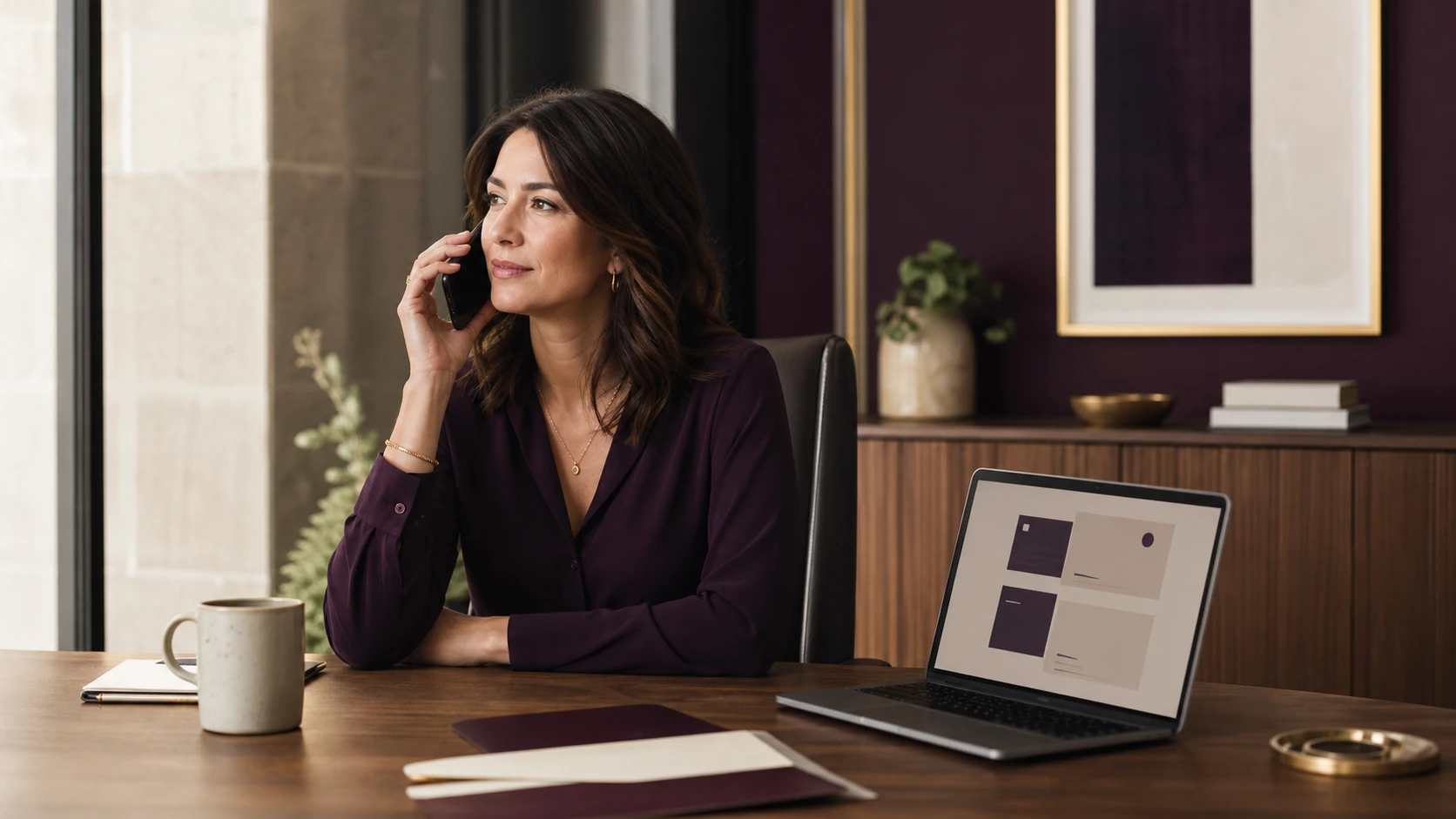 A professional woman calmly taking a client call beside an organized laptop in an elegant plum and gold office.