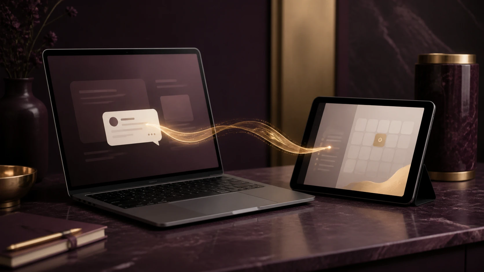 A website conversation moving between a laptop and an appointment view on a tablet through a single gold path.