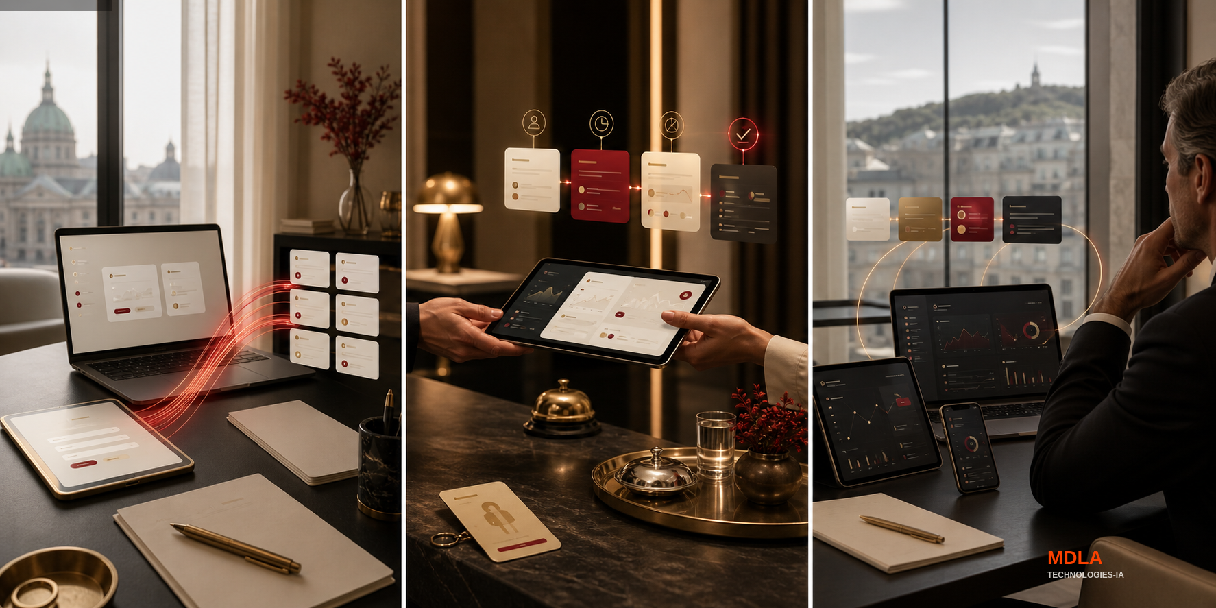 Premium editorial dashboard visual showing leadership visibility across devices in an elegant office.