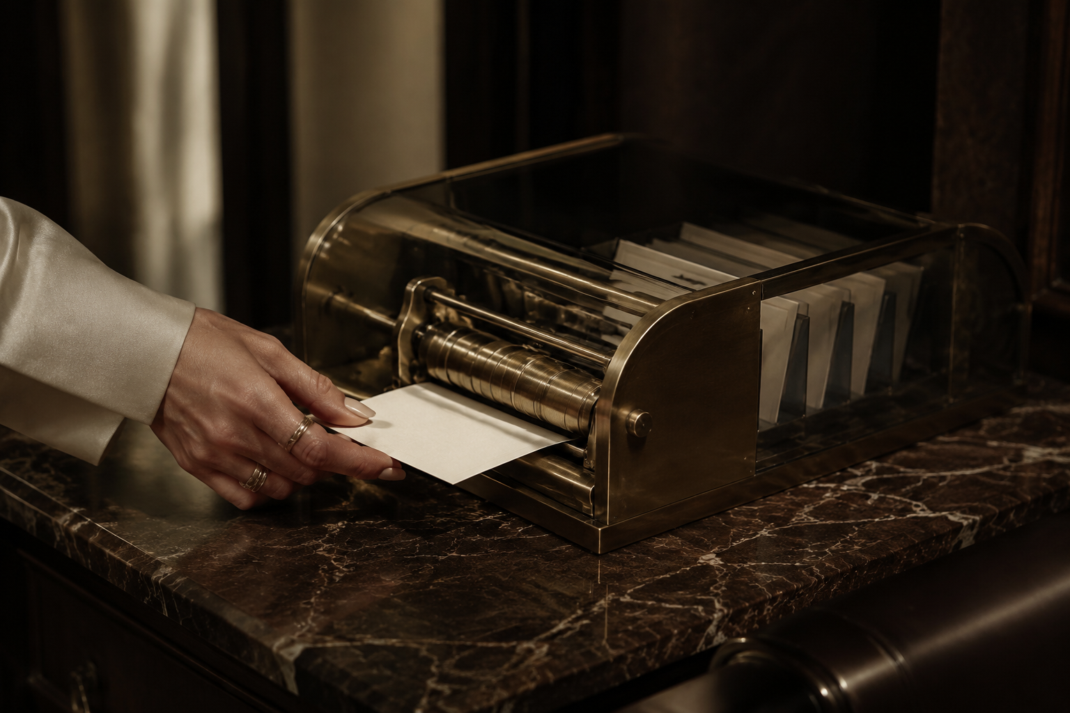 A hand feeding a card into a brass dispatch machine, representing connected follow-up and delivery.
