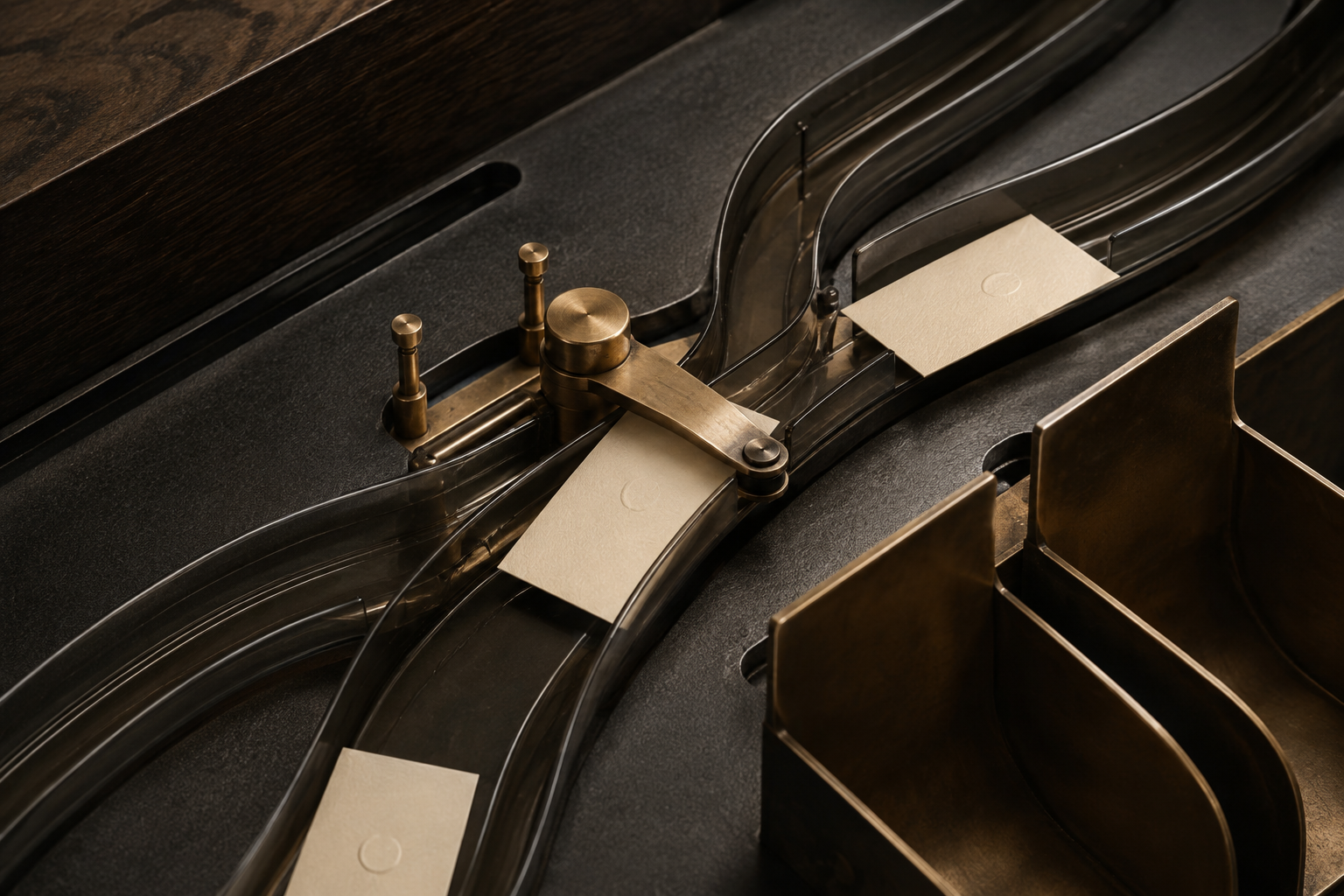 Precision brass routing system directing embossed cards through a connected operational workflow.