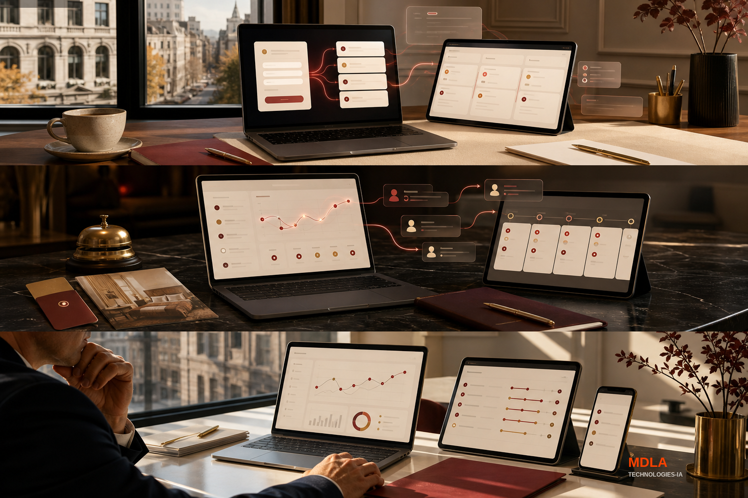 Premium editorial visual of website inquiries becoming organized CRM workflow cards across laptop and tablet screens.