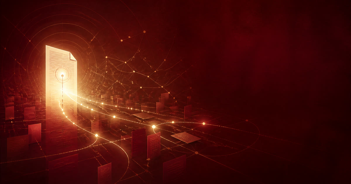 An illuminated web page becoming discoverable through connected search and AI pathways.